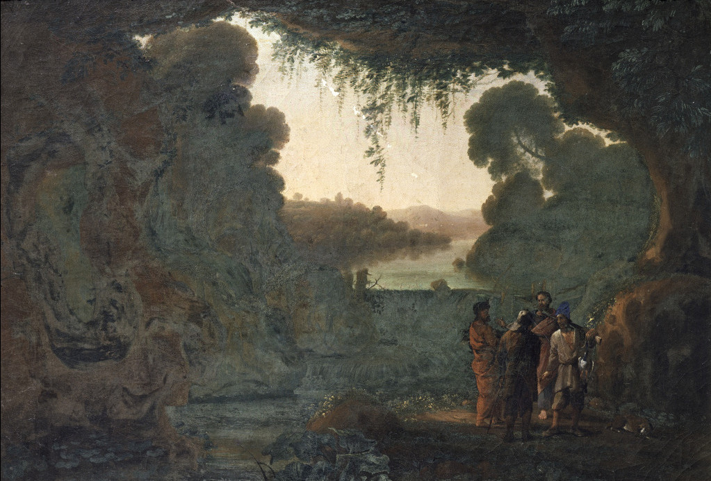 Paesaggio con cacciatori in una grotta di Herman van Swanevelt